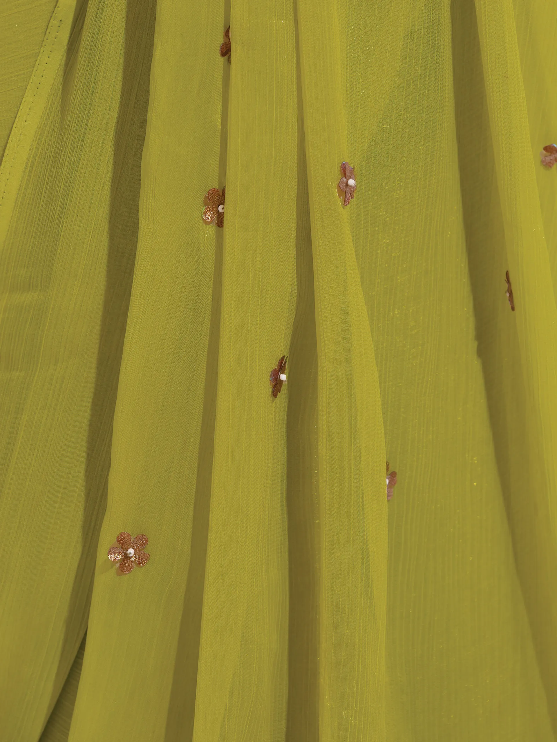 Peridot Shimmer Chiffon Saree with Bronze Flowers Hand stitched on Pallu with Blouse fabric