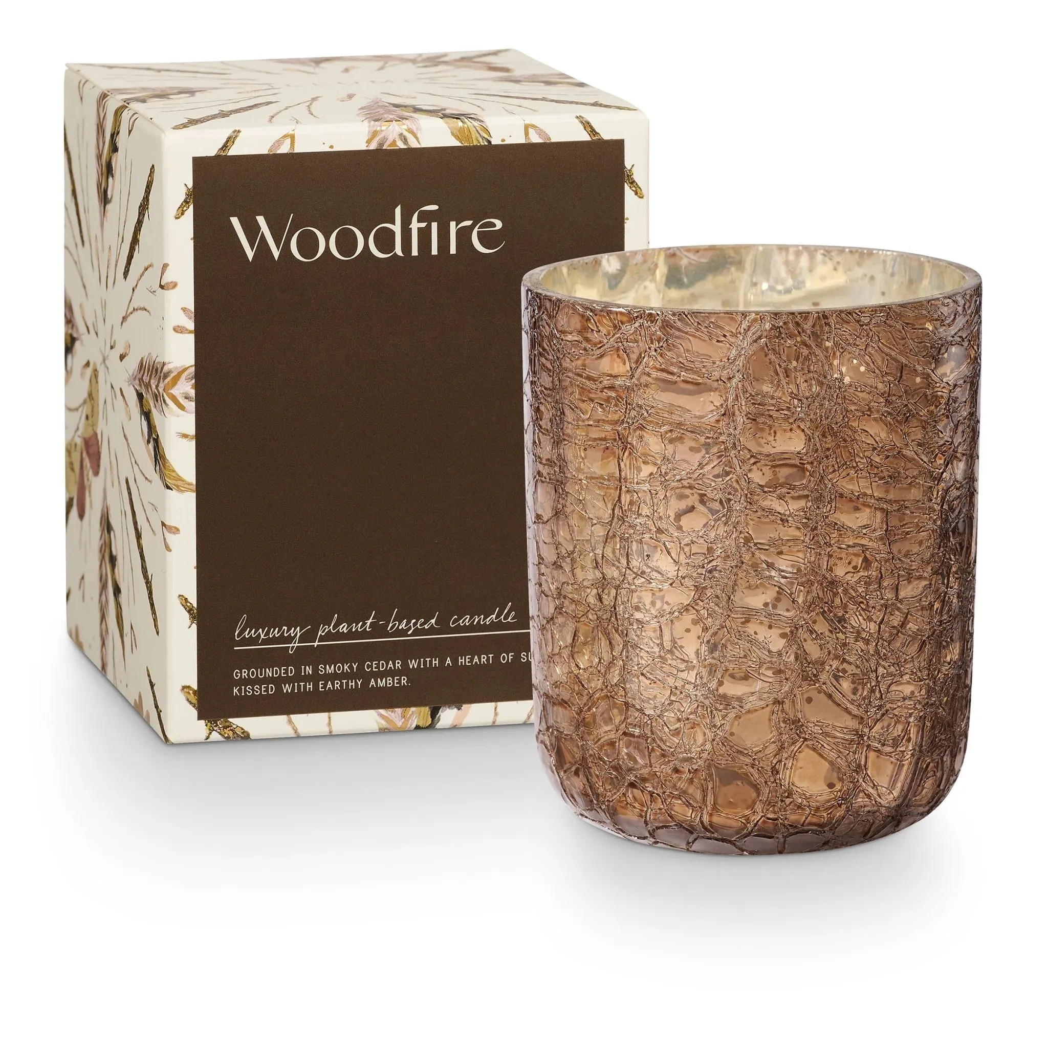 small boxed winter crackle glass candles -  woodfire or balsam & cedar