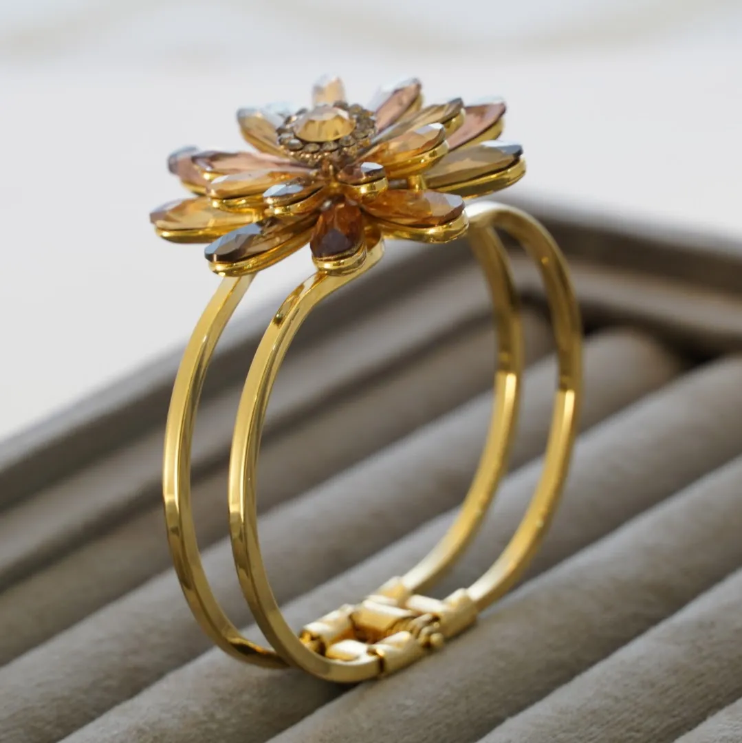 Stunning Bold Statement Floral Crystal 22k Gold Plated Adjustable Bracelet