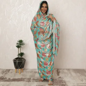 Turquoise and Gold Traditional Sudanese Silk Chiffon Fabric with Metallic Lurex, 4.5 Meters, 110 cm Width-D20389